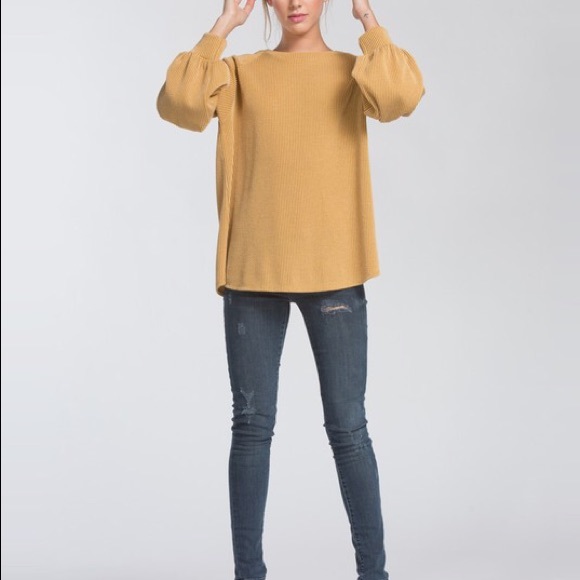 Puffed sleeve mustard loose sweater top - Picture 3 of 5